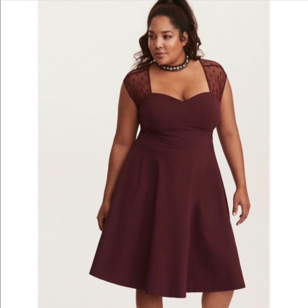 Torrid Burgundy Sleeveless Polka Dot Mesh Insert Fit & Flare Swing Dress…